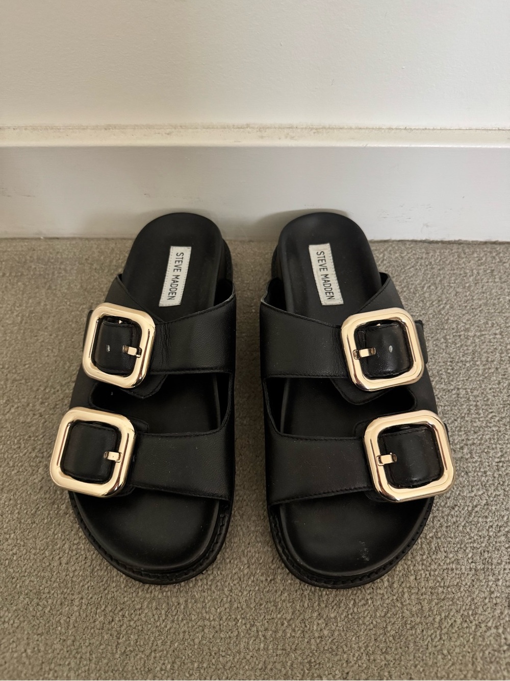 Steve Madden Black Slide Sandals with Gold Buckles